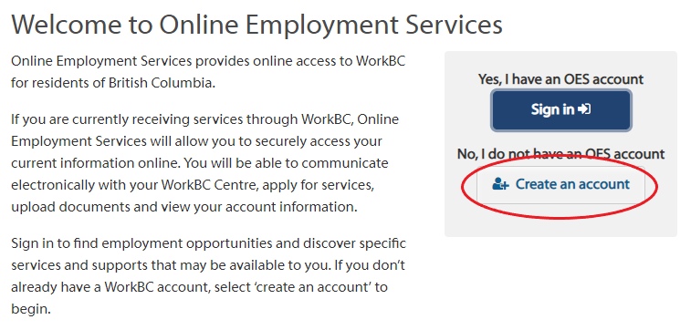 Create OES account screen shot
